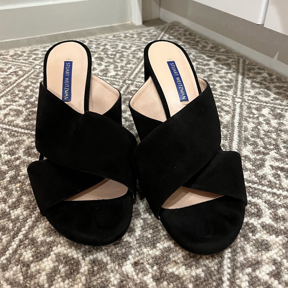 EUC Stuart Weitzman Galene Black Suede Criss Cross Block Heel Mules size 8 - Picture 4 of 7
